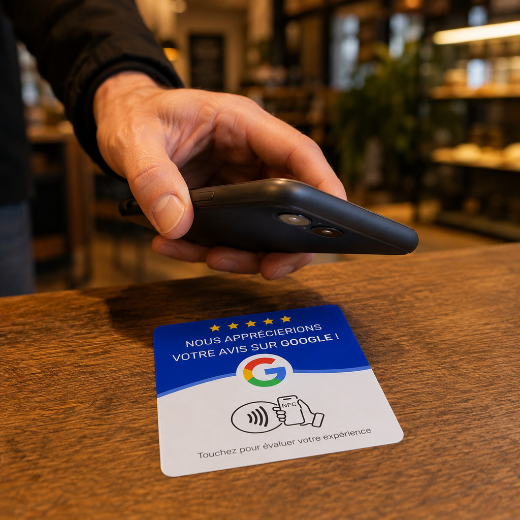 Un client approche son téléphone de la carte NFC BIKS Avis pour laisser un avis Google