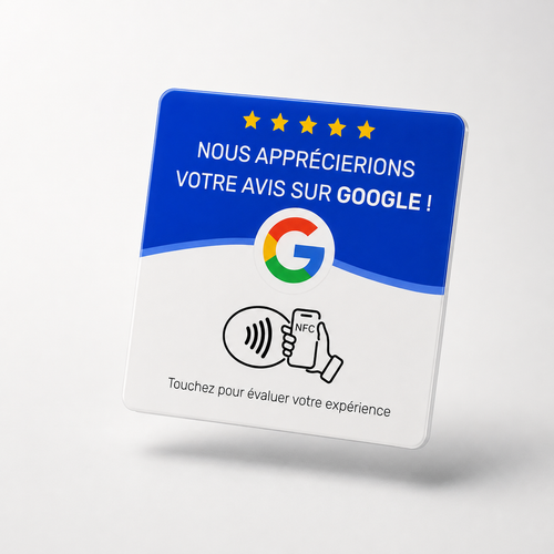 Carte NFC BIKS Avis, recto : fond bleu, cinq étoiles dorées et le logo Google